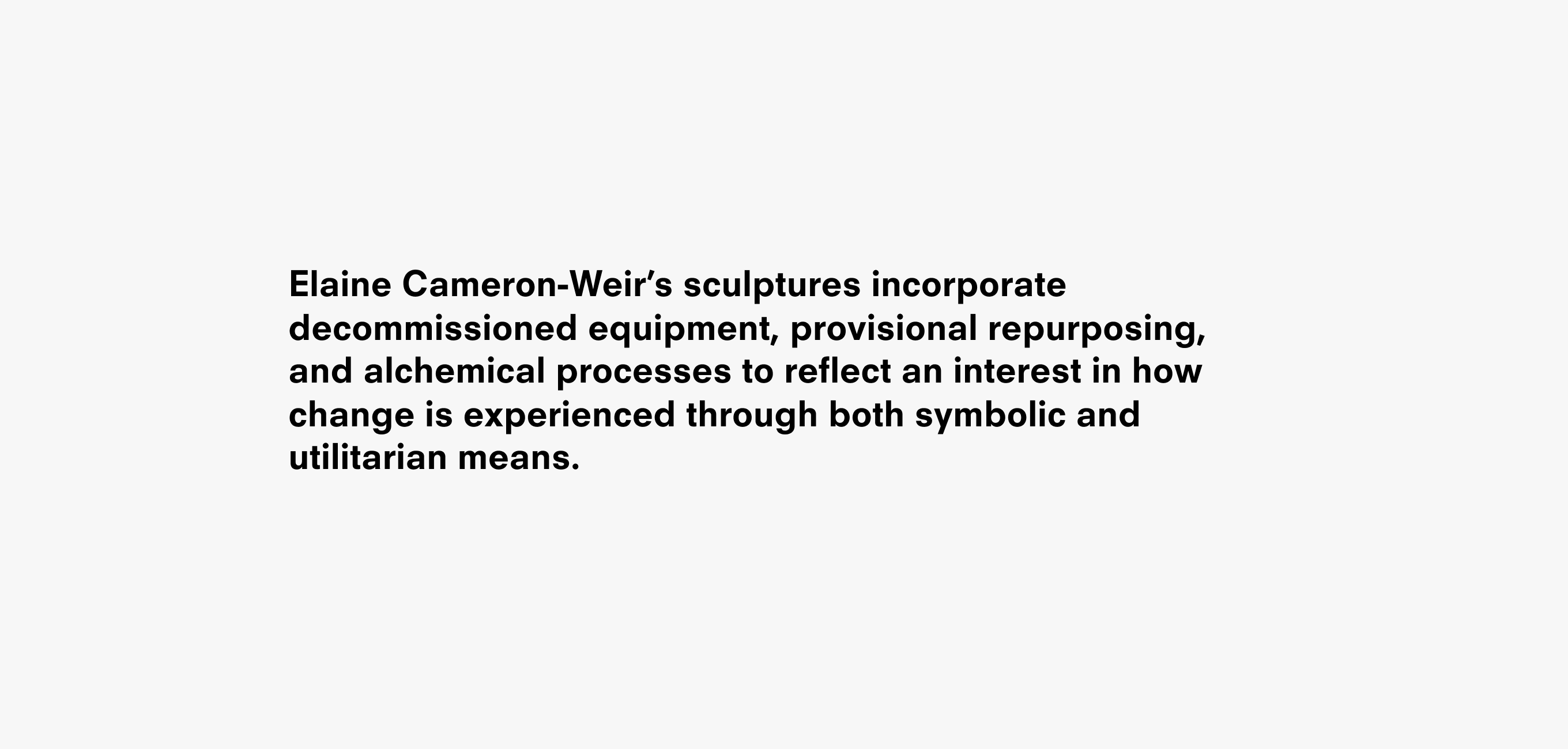 A text description that reads Elaine Cameron-Weir (b. 1985 Red Deer, Canada) lives and works in Queens. She has had one person exhibitions at The Dortmunder Kunstverein, Storm King Art Center and The New Museum. In 2021, she will have a solo show at the Henry Art Gallery in Seattle.