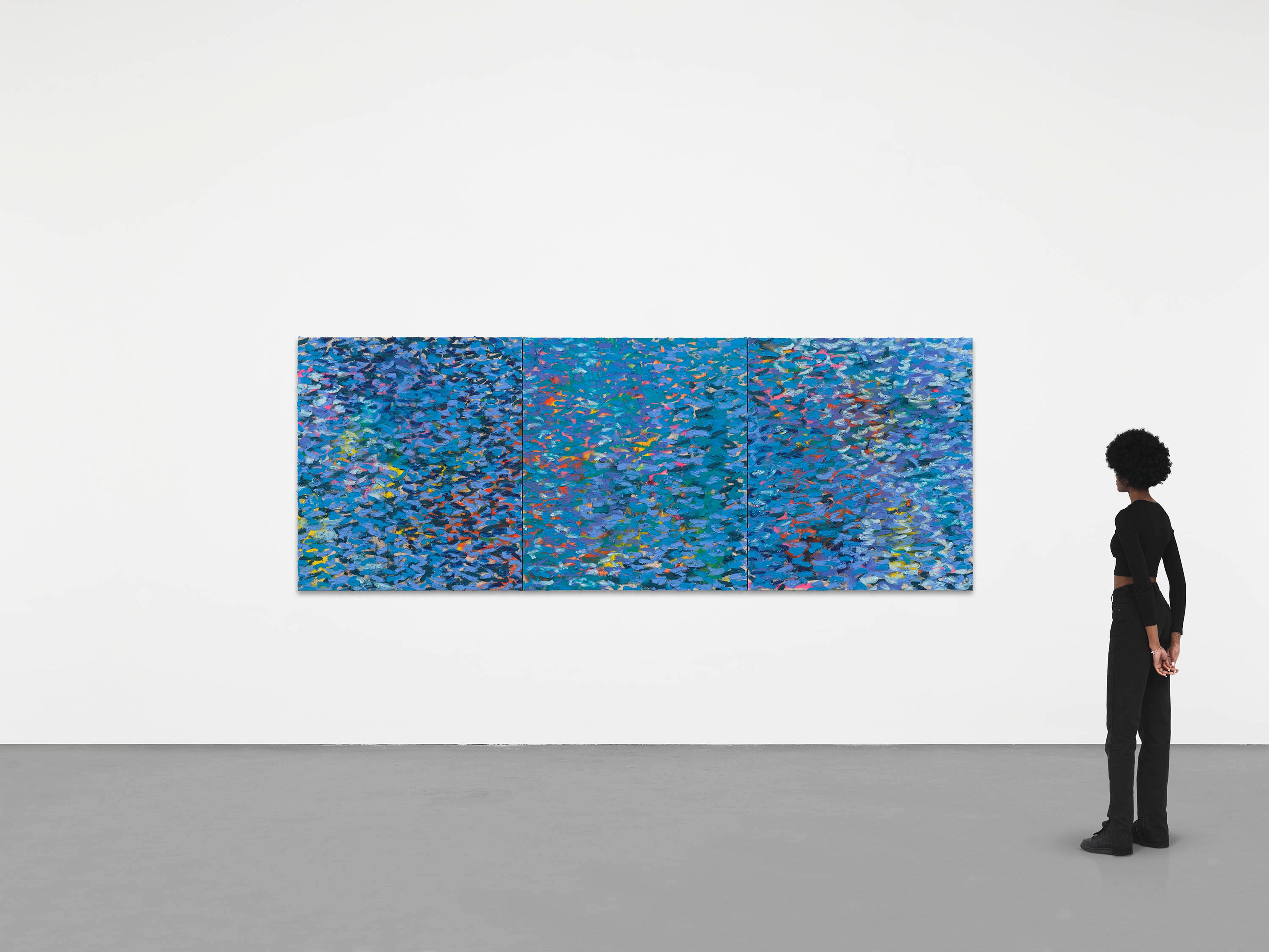 A 3-part painting by Oscar Murillo, titled surge (social cataracts), dated 2025.