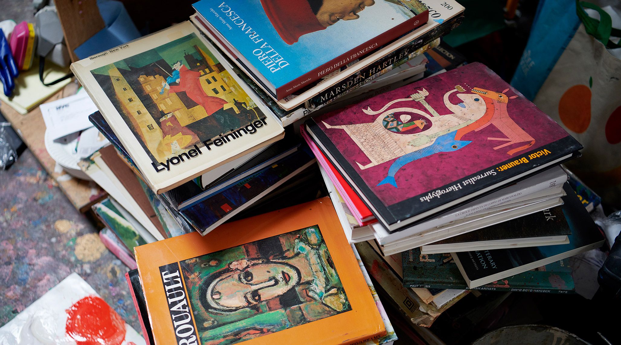 Books in Dana Schutz's studio, 2021. Photo by Jason Schmidt.