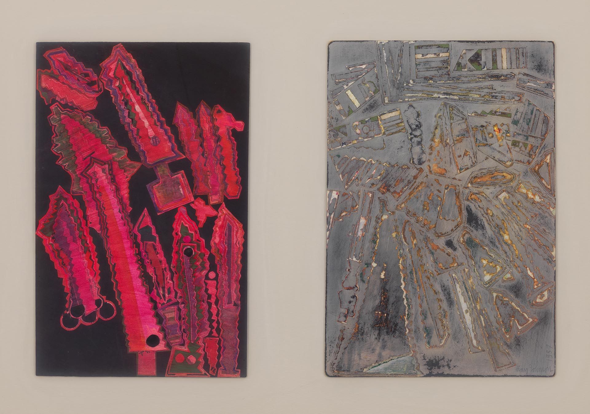 A drawing by Ray Johnson, titled Christmas Trees, dated 1957.