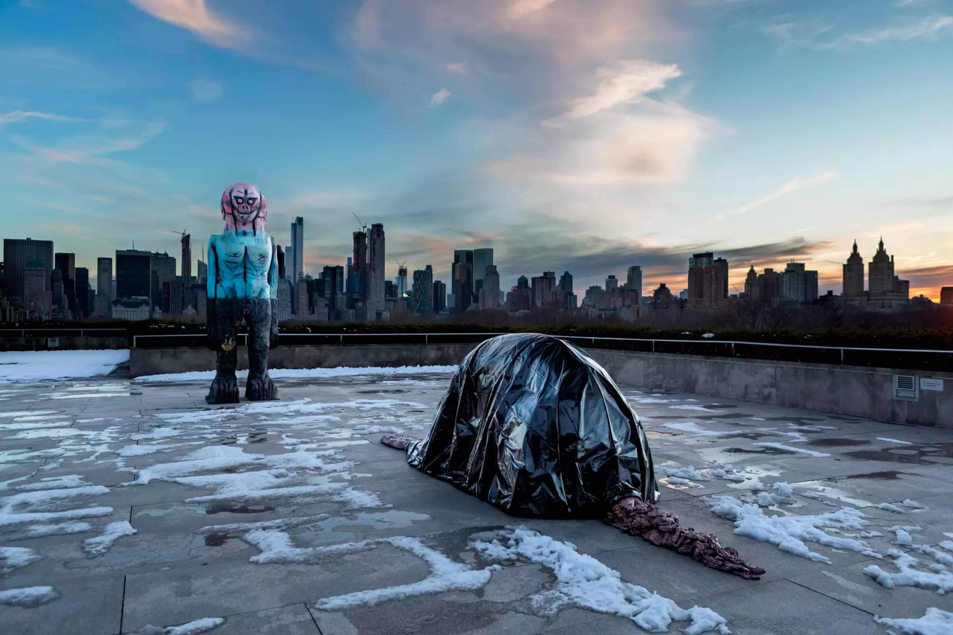 An installation by Huma Bhabha, titled We Come in Peace, at the Metropolitan Museum of Art in New York, dated 2017.