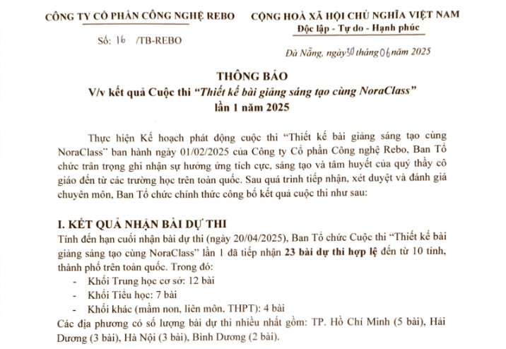 Công bố kết quả cuộc thi “Thiết kế bài giảng sáng tạo cùng NoraClass” 2025