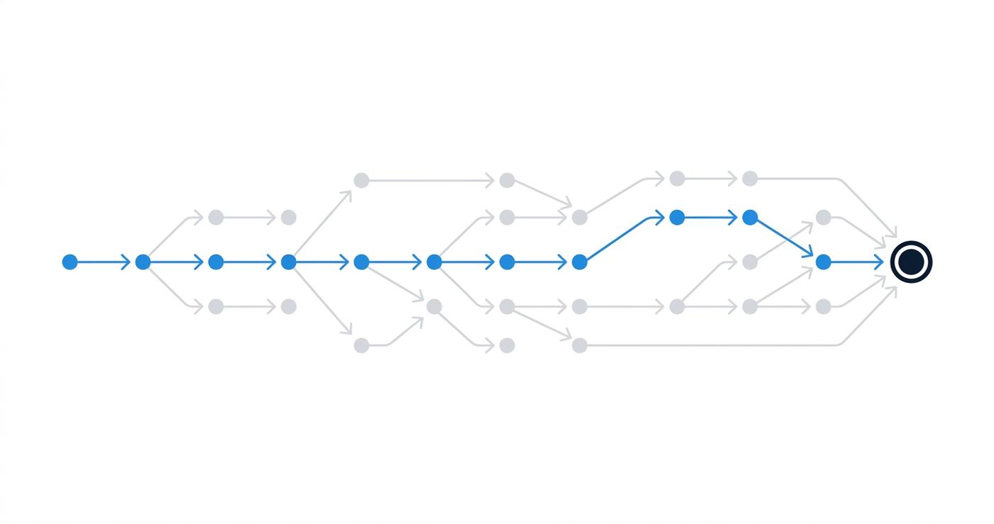 Marketing attribution model diagram showing first-touch, multi-touch, and last-touch flow for B2B SaaS pipeline