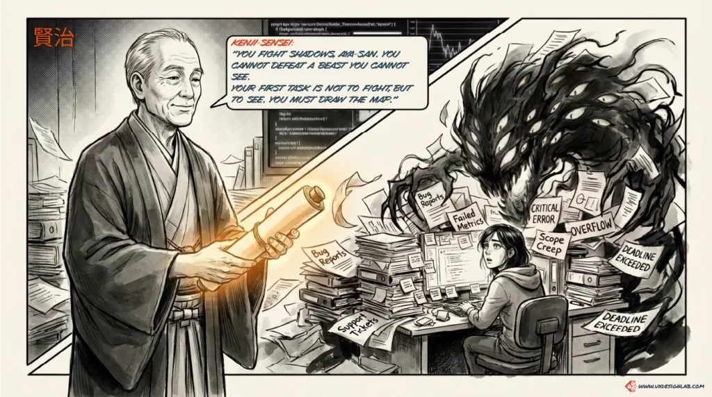Kenji-Sensei holding a glowing scroll while speaking to a stressed designer. A shadow monster made of bugs and errors looms in the background. Text: 