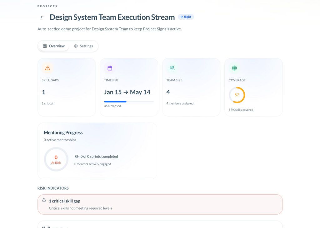TCE project overview for Design System Team Execution Stream showing skill gaps, timeline, team size, coverage, and risk indicators.