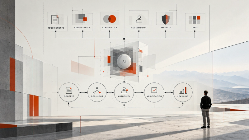 Architectural diagram of AI Project Bootstrap showing requirements, design systems, heuristics, accessibility, security, and tests feeding an AI system, with context, decisions, authority, verification, and learning connected below.