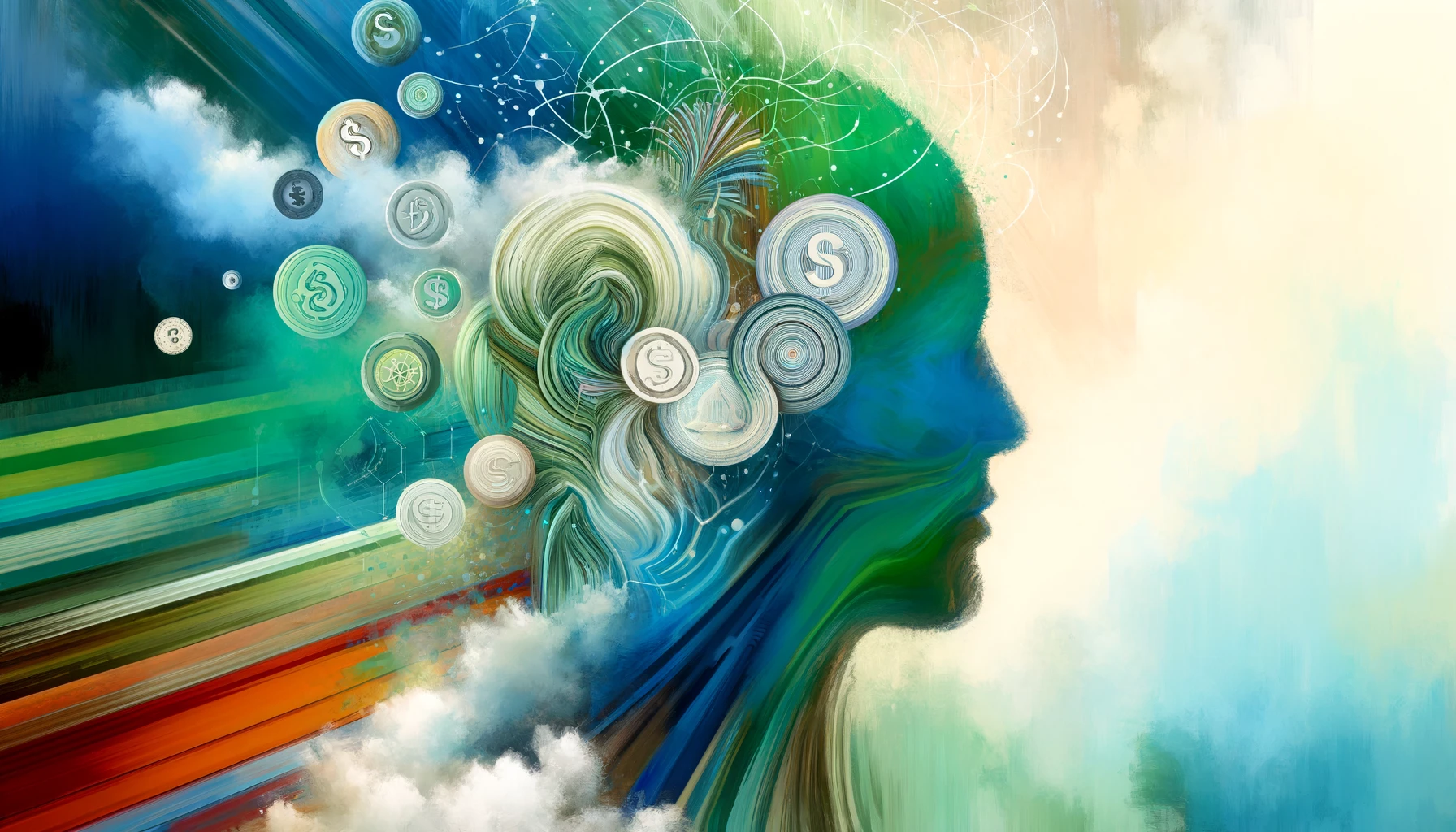 A painted profile of a human head in green and blue brushstrokes, with dollar-sign coins and fine network lines swirling outward from where the brain would be.