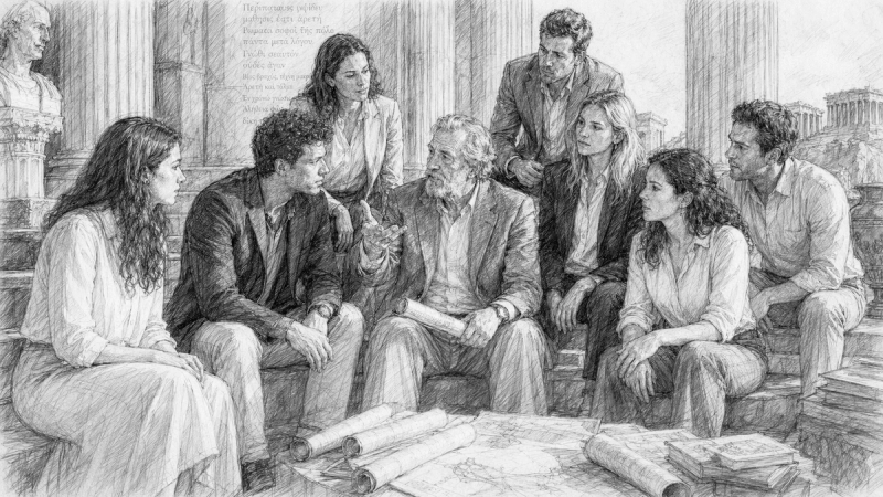 Black-and-white pencil drawing of an older mentor sharing a scroll with a group of business-casual professionals seated around him in an ancient Greek setting with columns, scrolls, books, and temple ruins, symbolizing knowledge transfer and protection.
