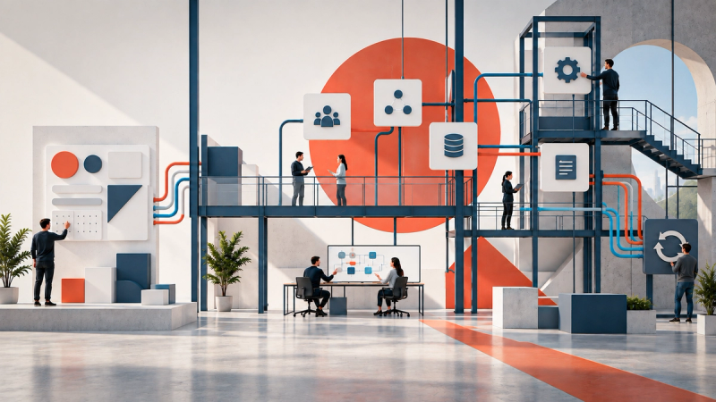 Conceptual design system environment showing a simple component library connected to a larger organizational network of people, workflows, governance, technology, and continuous maintenance.