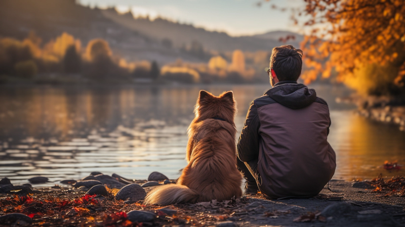 A person and a long-haired dog sitting side by side on a lakeshore at sunset, both seen from behind, looking out over still water toward autumn hills.