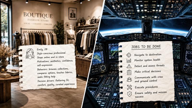 Split-screen illustration comparing persona-based design with functional AI workflow design for enterprise employees.