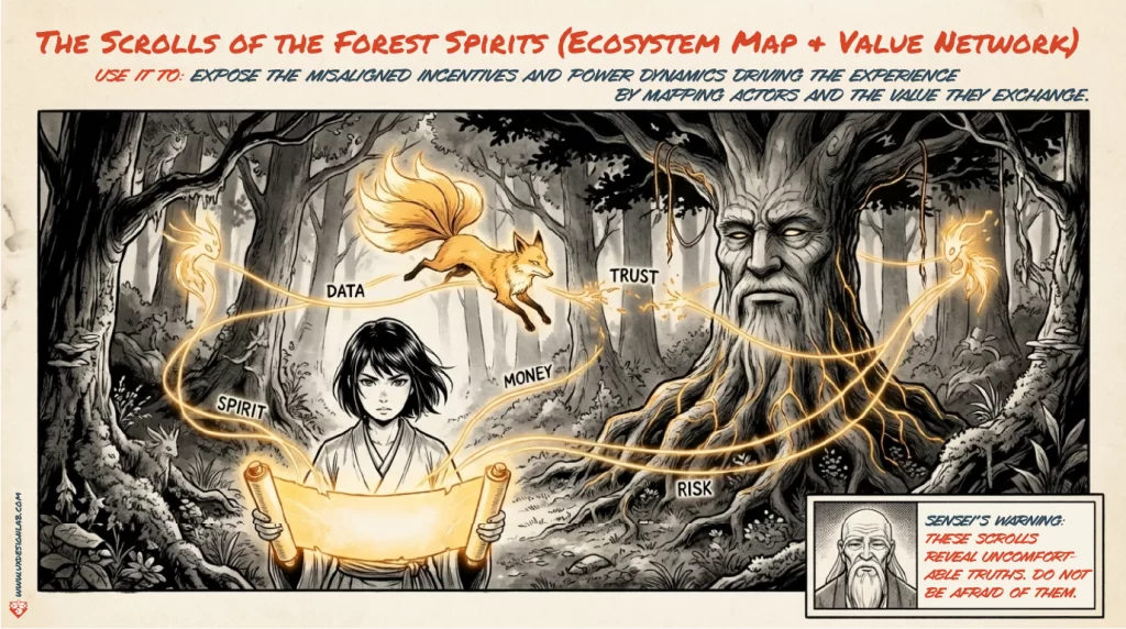 The Scrolls of the Forest Spirits: An ecosystem map and value network showing actors exchanging trust, money, data, risk, and spirit. Sensei’s warning: These scrolls reveal uncomfortable truths.