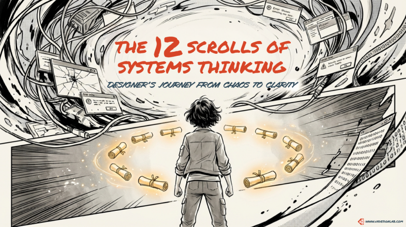 Cover of "The 12 Scrolls of Systems Thinking," a comic-style guide for a designer's journey from chaos to clarity.