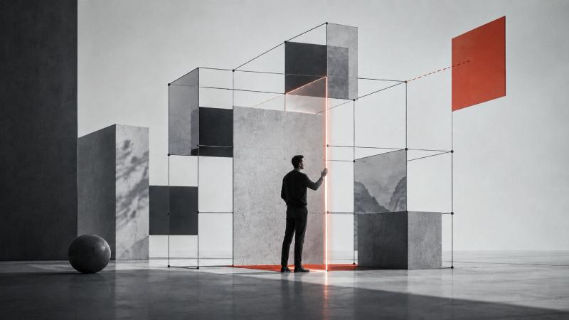 Abstract architectural scene showing a person at a glowing boundary within a geometric system, with a red path extending beyond the controlled structure.