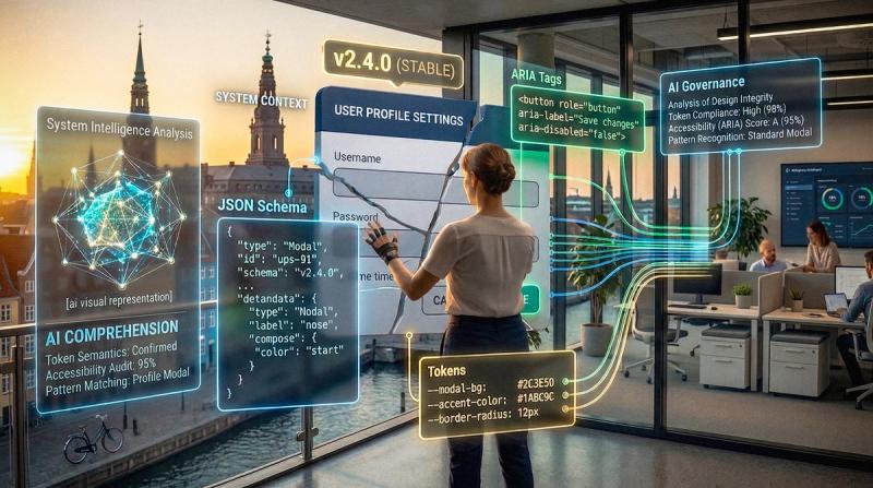 A design professional with a haptic glove uses complex, floating holographic interfaces to manage UI design, AI analysis, code schemas, design tokens, and compliance data against a sunset view of Copenhagen.