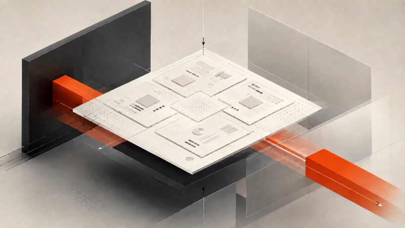 Abstract isometric illustration of a digital product interface divided into business modules, with an orange-red band moving through the system to represent shifting friction, cost, and trade-offs.