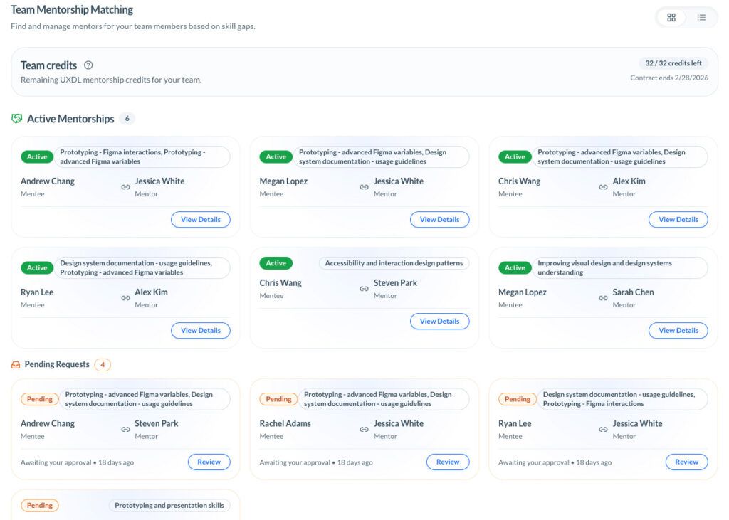 TCE Team Mentorship Matching dashboard showing active mentorships, pending requests, remaining team credits, and mentor-mentee pairings.