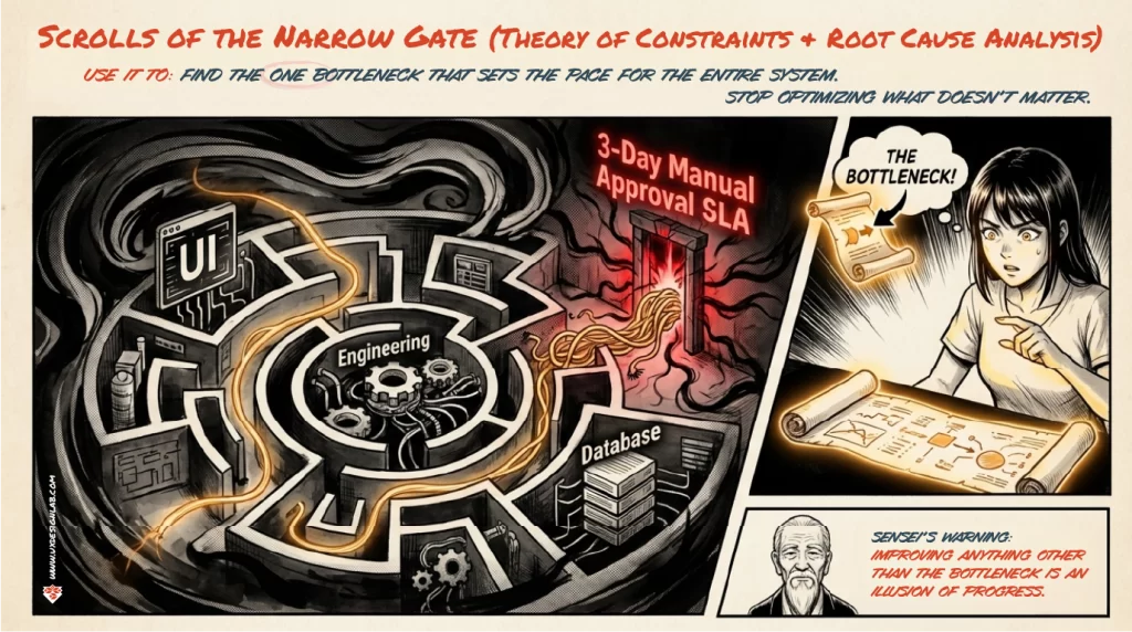 Scrolls of the Narrow Gate: A maze diagram showing a bottleneck at a 