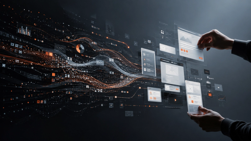 Streams of data flow through a dark digital system toward interface panels being arranged by two human hands.