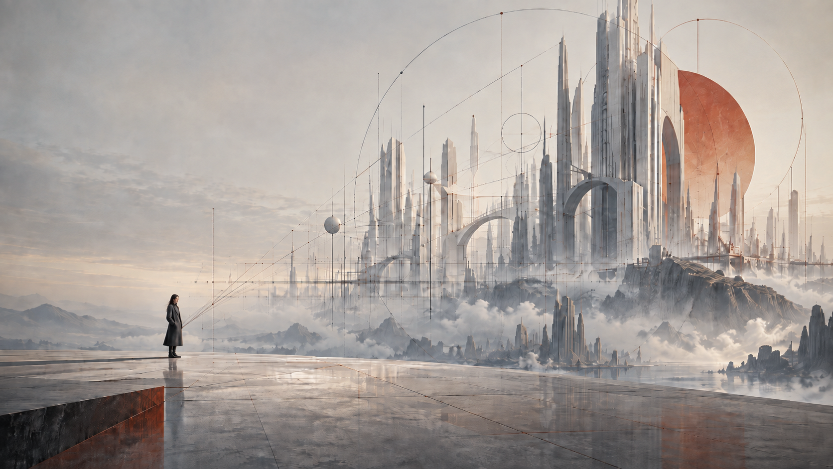 A lone woman stands before a vast futuristic city, connected to it by faint geometric construction lines that suggest thought becoming form.