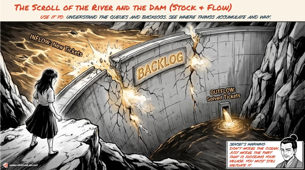 The Scroll of the River and the Dam: A stock and flow diagram illustrating a ticket backlog with inflow and outflow. Sensei’s warning: Don’t model the ocean. Just model the part that is flooding your village.