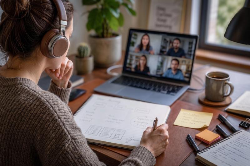 Professional taking handwritten notes during a remote video meeting, illustrating active synthesis and focused listening in a digital workplace