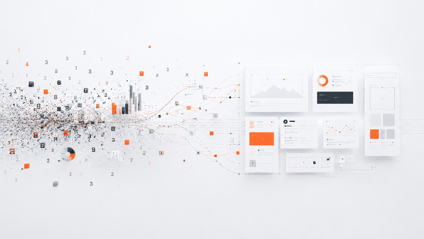 Scattered numbers and data points converge into connected charts, dashboards, and interface wireframes on a white background.