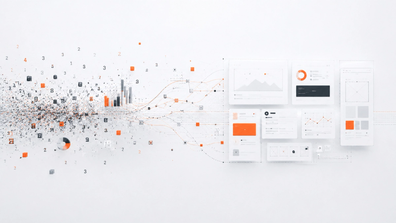 Scattered numbers and data points converge into connected charts, dashboards, and interface wireframes on a white background.