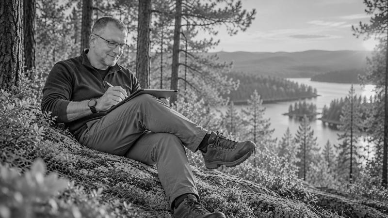 A person writing siting in the nature.