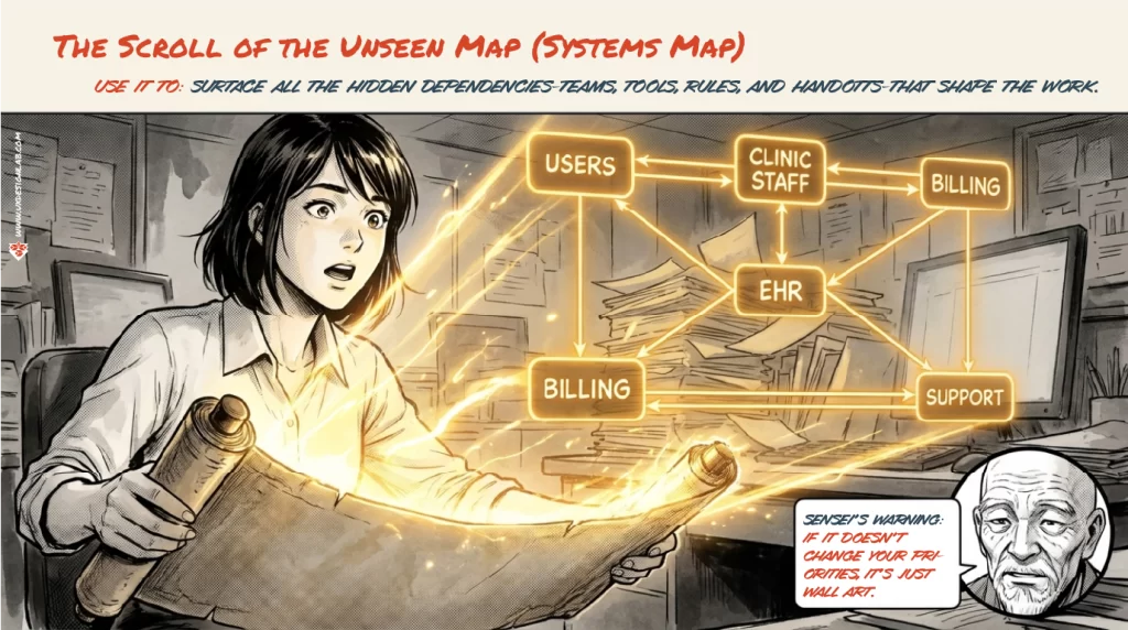 The Scroll of the Unseen Map: A systems map showing connections between Users, EHR, Billing, and Clinic Staff. Sensei’s warning: If it doesn’t change your priorities, it’s just wall art.