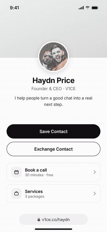 A contact shares their details from a V1CE page and appears in Contacts as a new contact