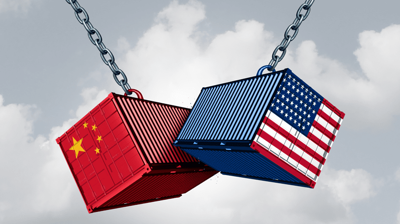 Chinese and American flag on shipping containers