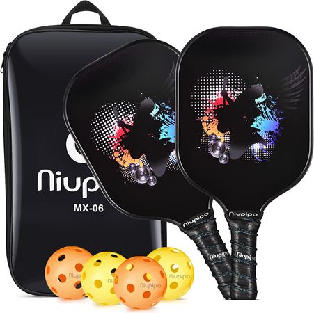 Image of the Niupipo Graphite Pickleball Paddles set, with two paddles and four pickleball balls