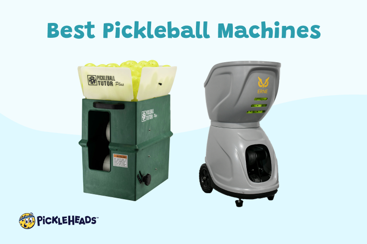 The Pickleball Tutor Plus and Erne Shadow Grey pickleball machines on a blue background with "Best Pickleball Machines" written above