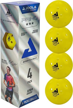 A pack of four JOOLA Primo pickleball balls with the packaging