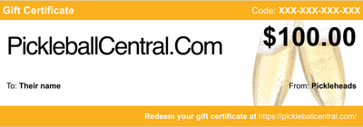 Example of a gift certificate from PickleballCentral.com