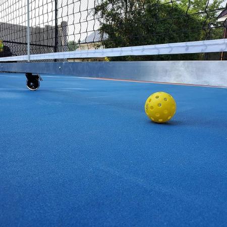 Photo of the Dominator Rolling Portable Pickleball Net with a ball under it