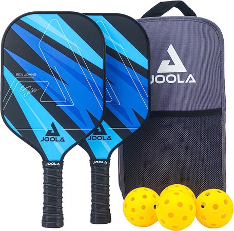 Image of the JOOLA Ben Johns Set, with two paddles, four pickleball balls and a carry bag