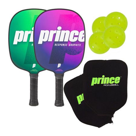 Image of the Prince Response Graphite 2-Paddle, with two paddles, covers, and four pickleball balls