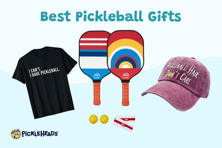 Image of the Nettie pickleball set, a baseball cap, and a t-shirt on a blue background