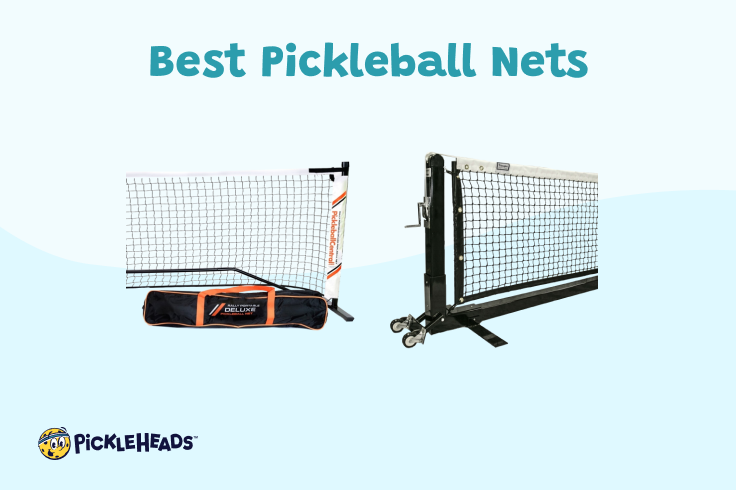 The words "best pickleball nets" above the Rally Deluxe and the Douglas Premier PPS-22SQ portable pickleball nets side-by-side.