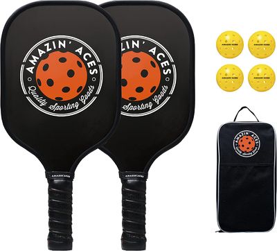 Image of Amazin' Aces Pickleball Paddle Set, with two paddles, four pickleball balls, and a carry bag