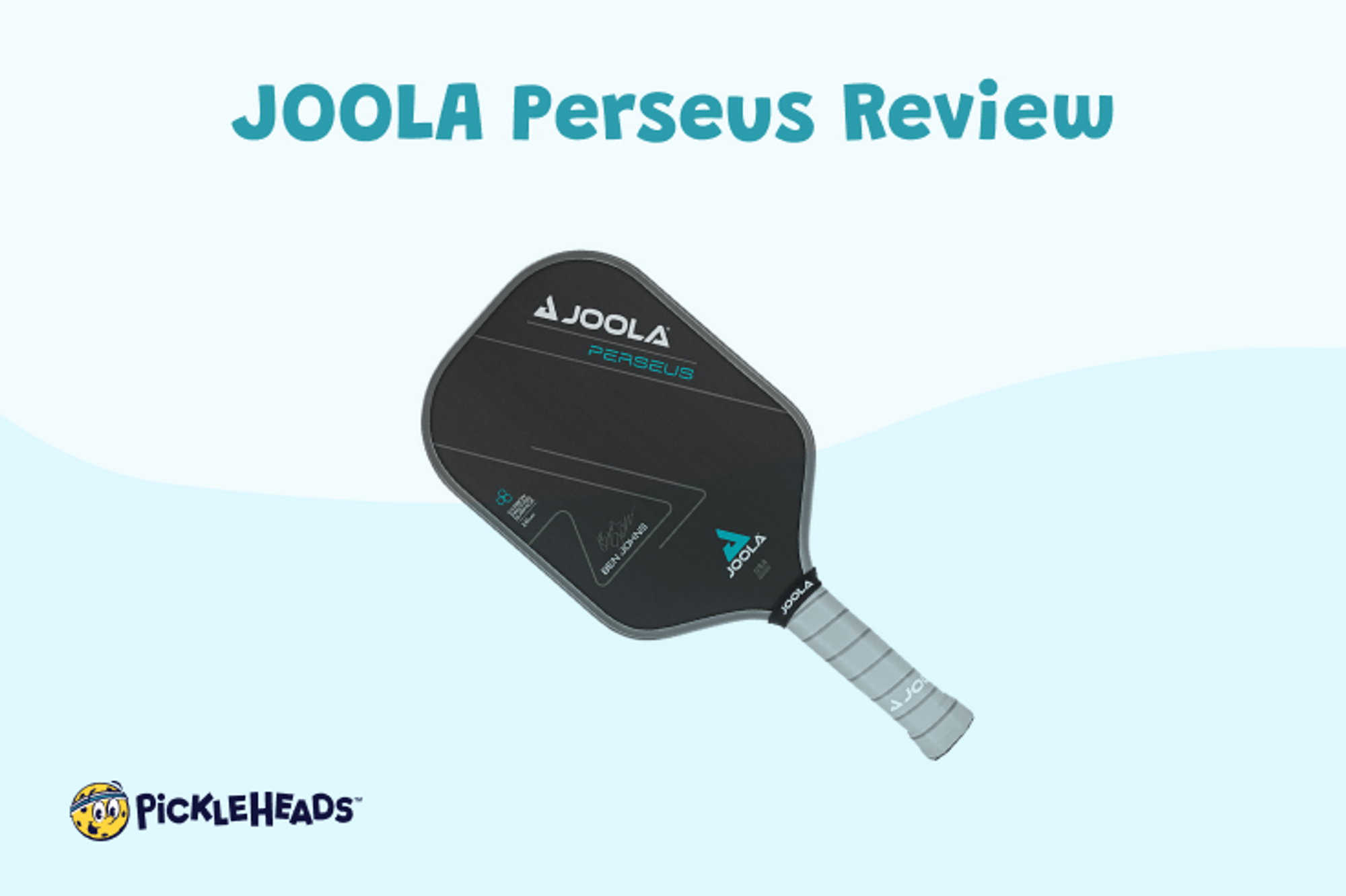 The JOOLA Perseus Review pickleball paddle on a blue background