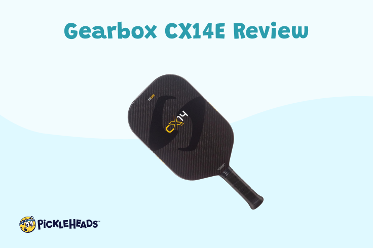 The Gearbox CX14E pickleball paddle on a blue background