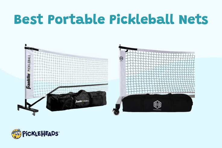The Franklin Portable Net with Wheels and the Dominator Rolling Portable Pickleball Net on a blue background