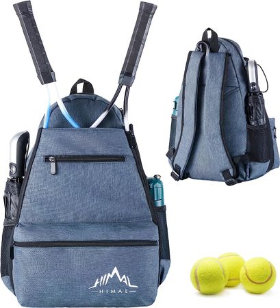 Photo of the Himal Backpack with two tennis rackets and three tennis balls