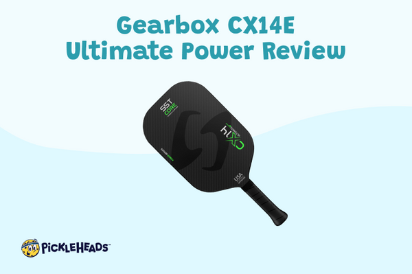 The Gearbox CX14E Ultimate Power pickleball paddle on a blue background