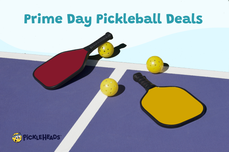 Photo of two pickleball paddles and three balls laid out on a pickleball court
