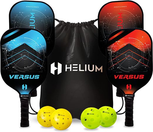 Image of the Helium Pickleball Paddles Set of 4, with four paddles, four pickleball balls, and a carry bag