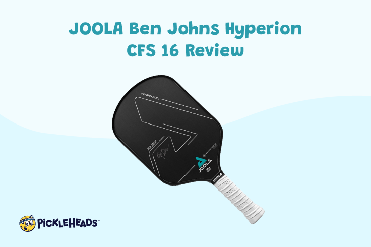 The JOOLA Ben Johns Hyperion CFS 16 pickleball paddle on a blue background